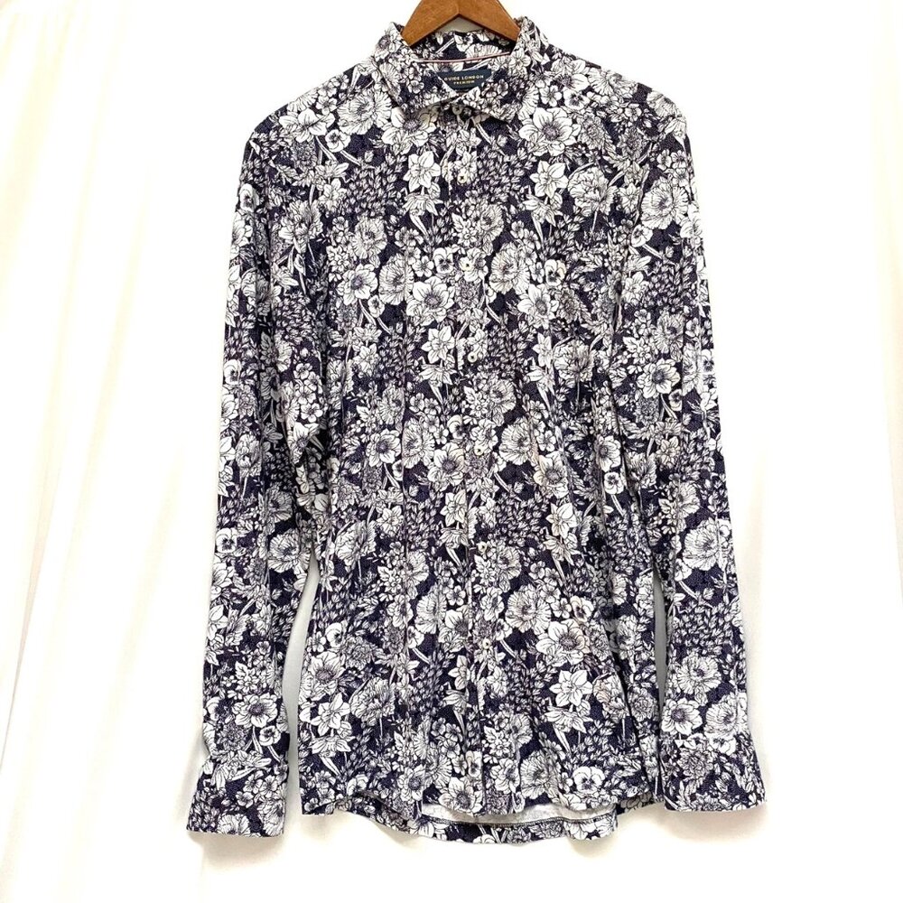 Guide London Premium Mens Button Up Shirt Size L Blue White Floral Career Party